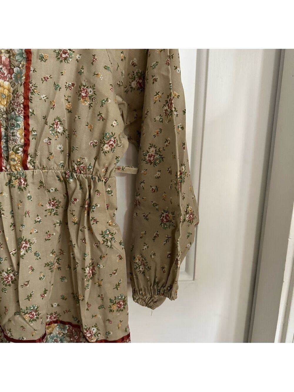 Vintage 1970's Boho Mini Prairie Dress Tunic Top Cream Floral Print Sz xs /child - Picture 3 of 14